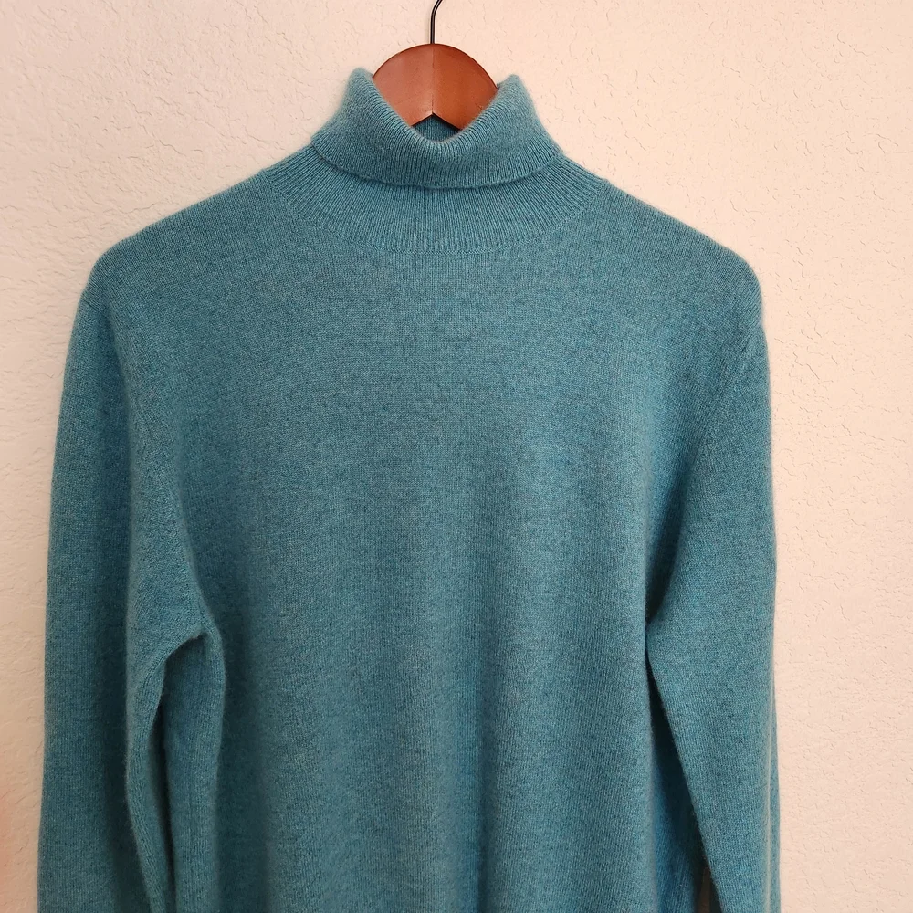 McDuff 100% Cashmere Elegant Teal Turtleneck Sweater, Finest Cashmere Yarns - Picture 7 of 7